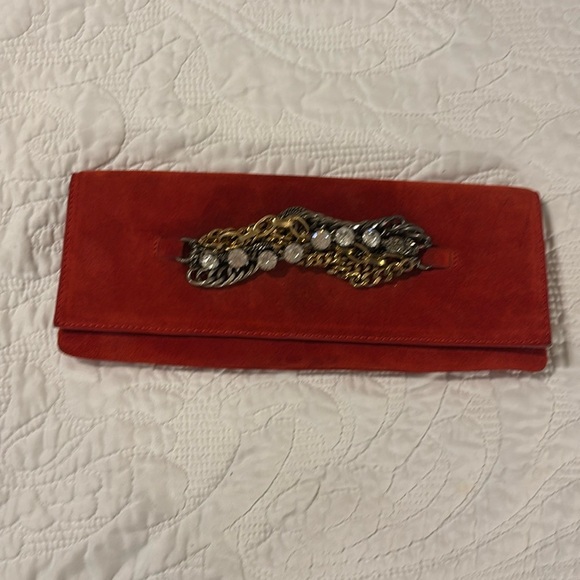 Club Monica PRIYA clutch red & gray suede with mixed metal chains & rhinestones - Picture 1 of 7